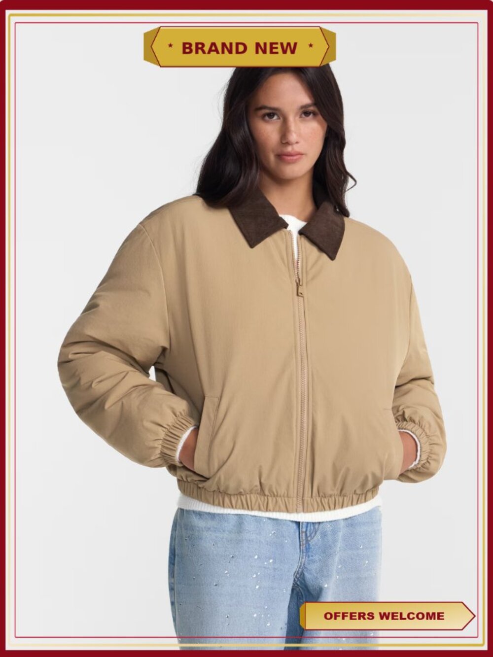No Boundaries Puffer Barn Jacket Corduroy Collar Cropped Women's